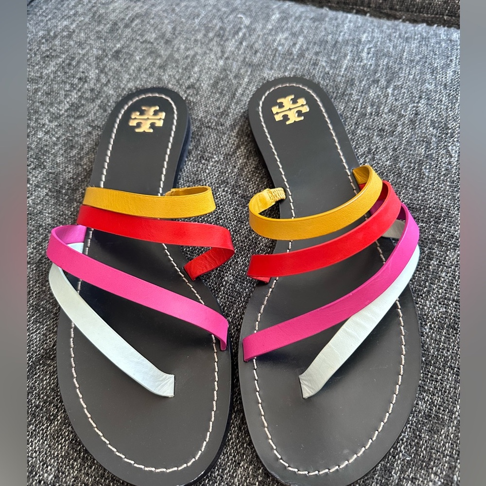 Tory Burch Black Footbed Multicolor Strap Slide Sandals